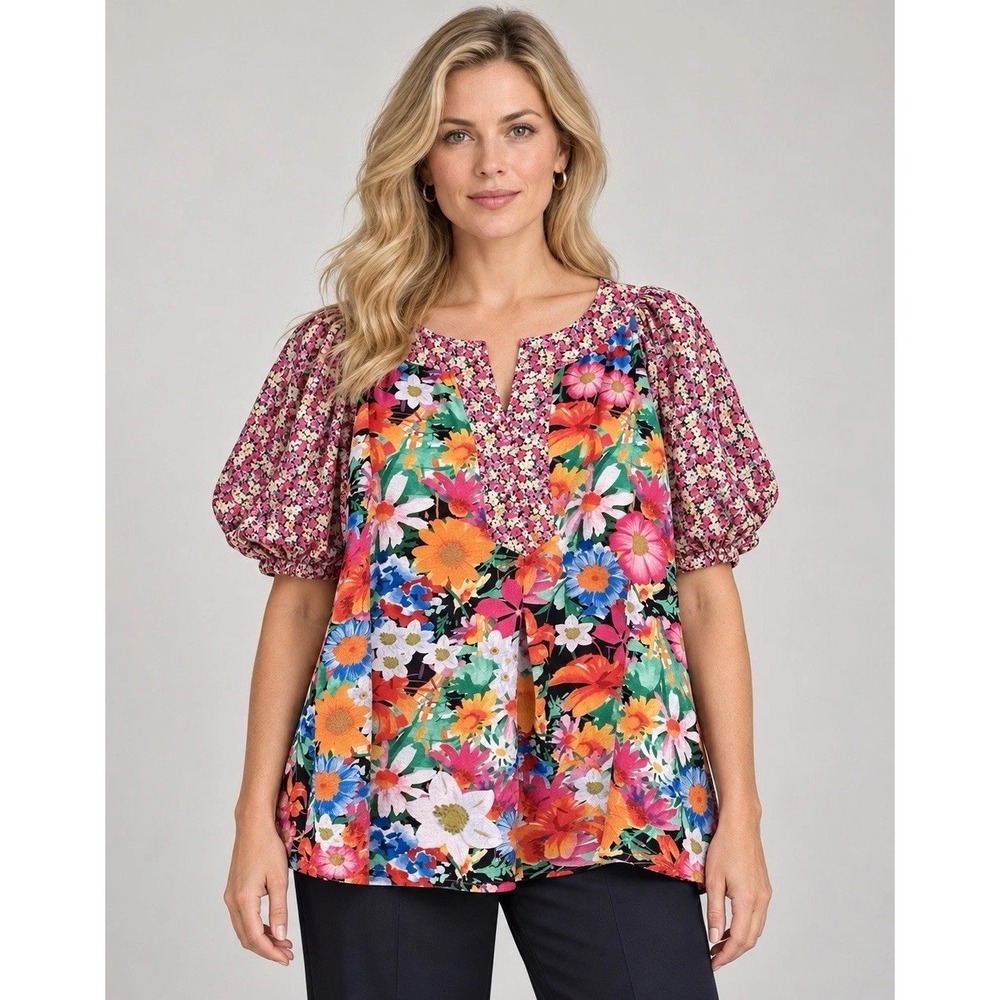 GiGiO USA Mixed Floral Print Puff Sleeve Blouse Country Club Garden Size Medium